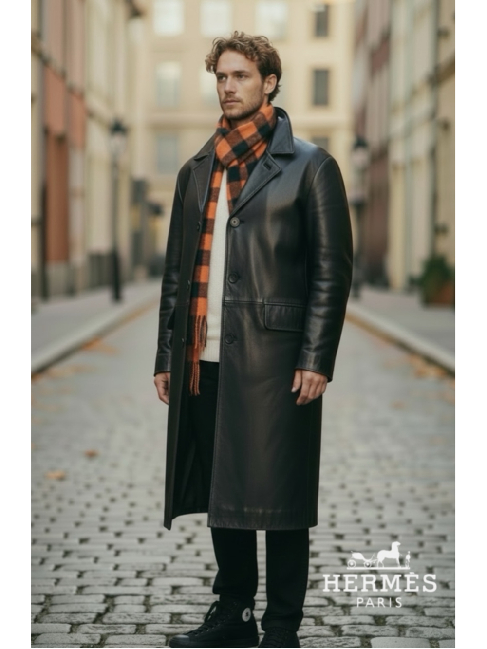 HERMES MENS Pebbled Leather Trench Coat Black AUTHENTIC Size 50
